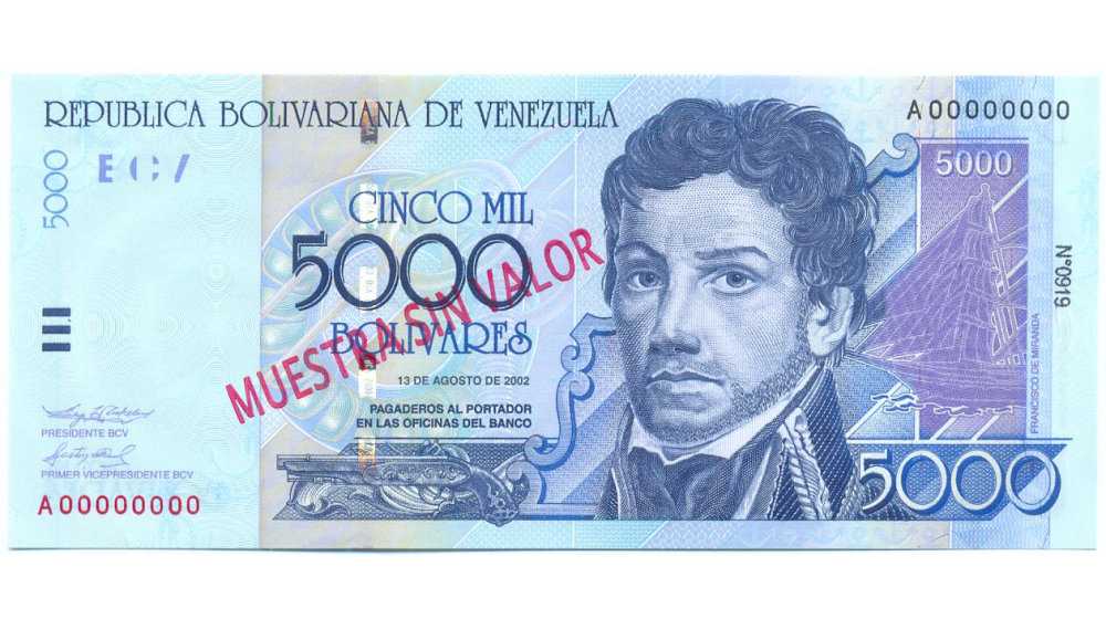 Billete Muestra Sin Valor 5000 Bolivares 2002 #0919  - Numisfila