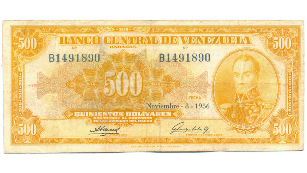 Billete Canario 500 Bolívares Nov 1956 B7 Serial B1491890  - Numisfila