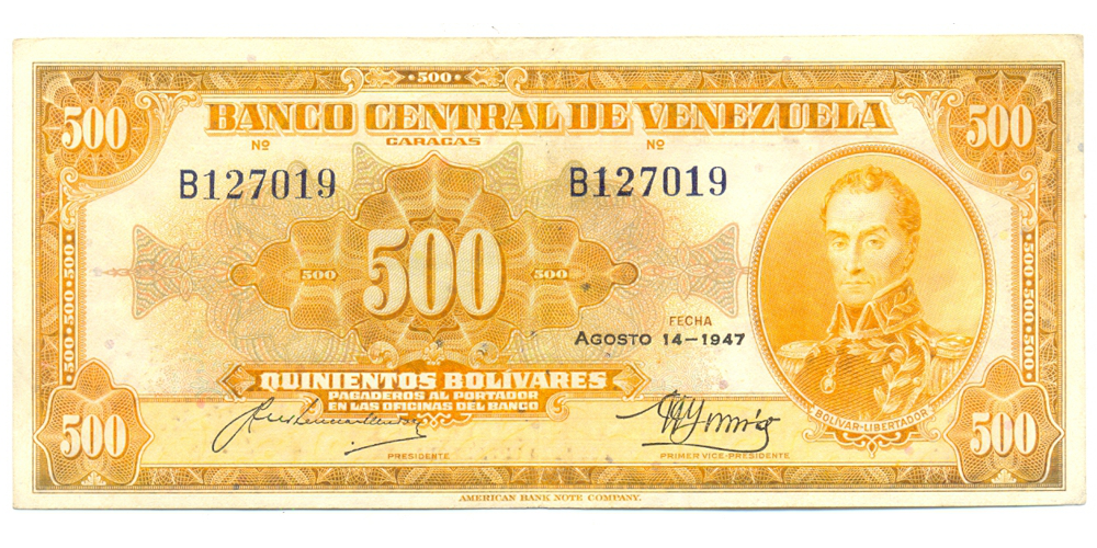 1er Canario Billete 500 Bolivares Agosto 1947 Serial B127019 - Numisfila