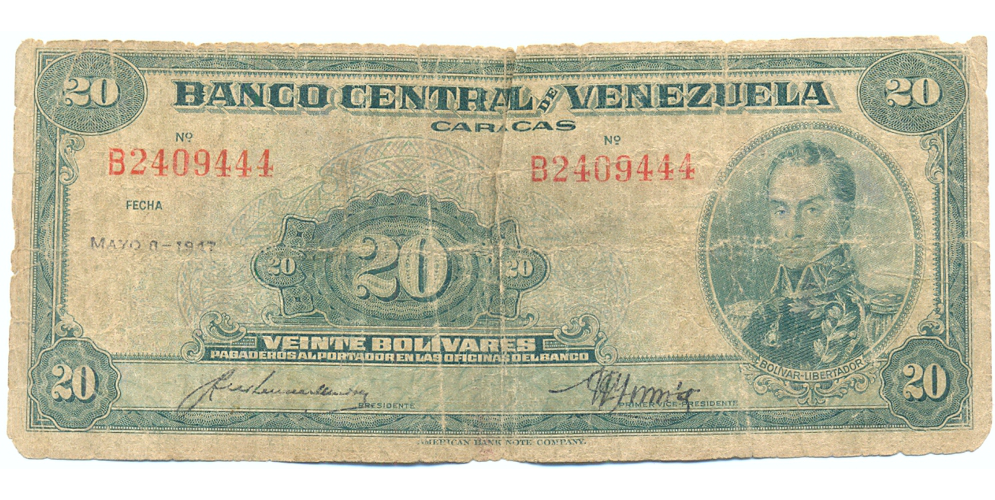 Billete 20 Bolívares Mayo 1947 B7 Serial B2409444 - Numisfila