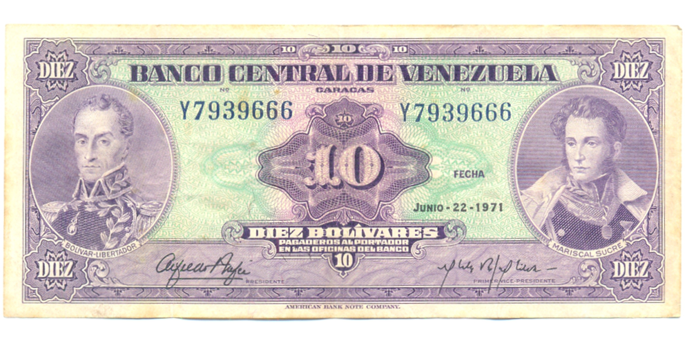 Billete 10 Bolivares 1971 Y7 Serial Y7939666 - Numisfila