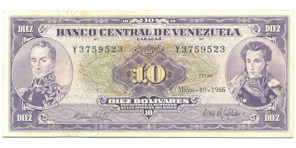Billete 10 Bolivares 1966 Y7 Serial Y3759523  - Numisfila