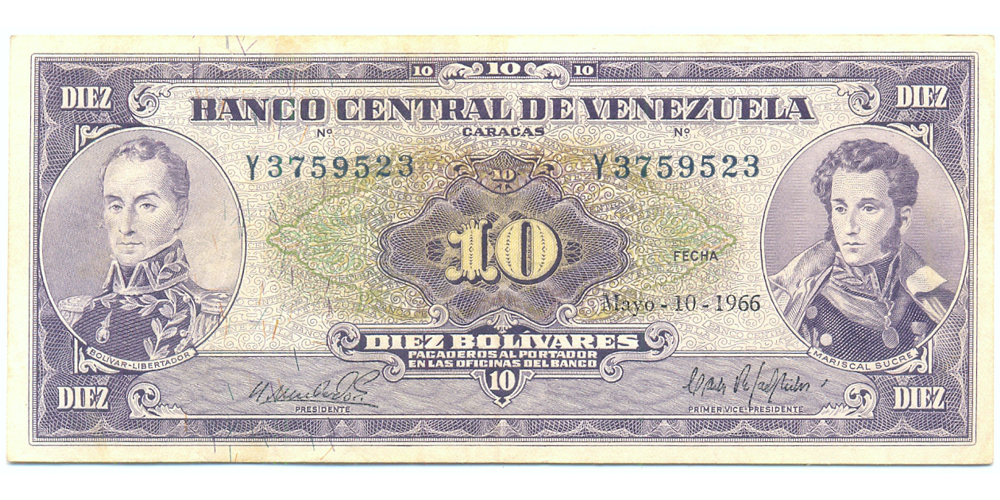 Billete 10 Bolivares 1966 Y7 Serial Y3759523 - Numisfila