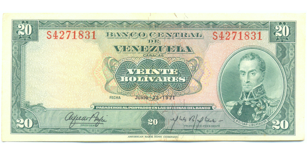 Billete 20 Bolivares 1971 S7 Serial S4271831 - Numisfila