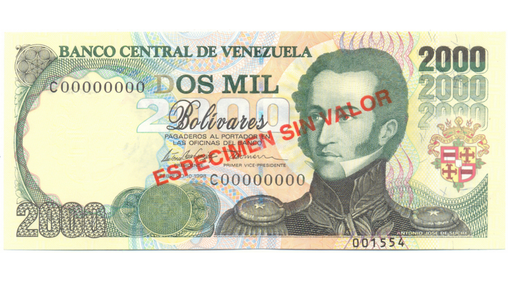  Espécimen Sin Valor Billete 2000 Bs Febrero 1998 #1554 - Numisfila