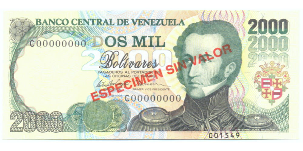 Especimen Sin Valor Billete 2000 Bolívares  Febrero 1998  #1549 - Numisfila