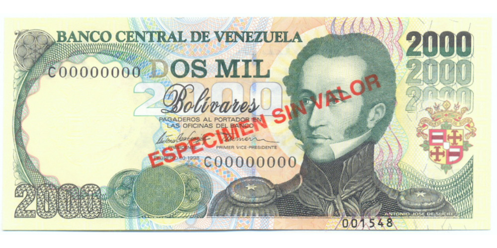  Espécimen Sin Valor Billete 2000 Bs Febrero 1998 #1548 - Numisfila