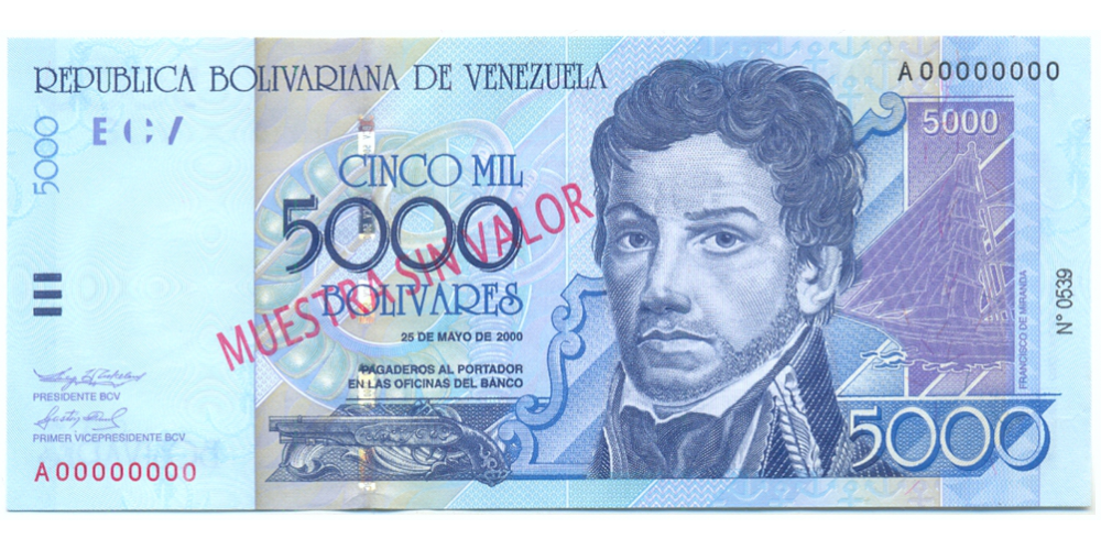 Billete Muestra Sin Valor 5000 Bolivares 2000 #0539  - Numisfila