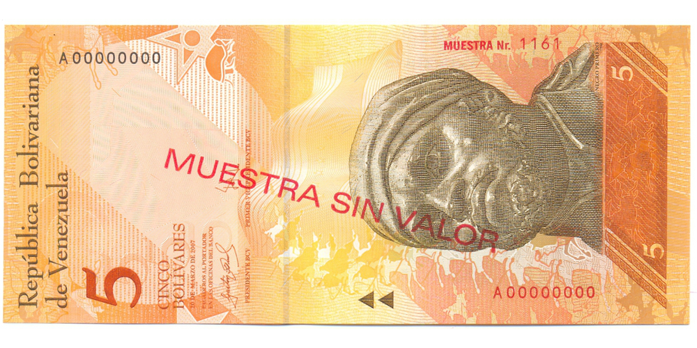 Billete Muestra Sin Valor 5 Bolivares Fuertes A8 2007 #1161 - Numisfila
