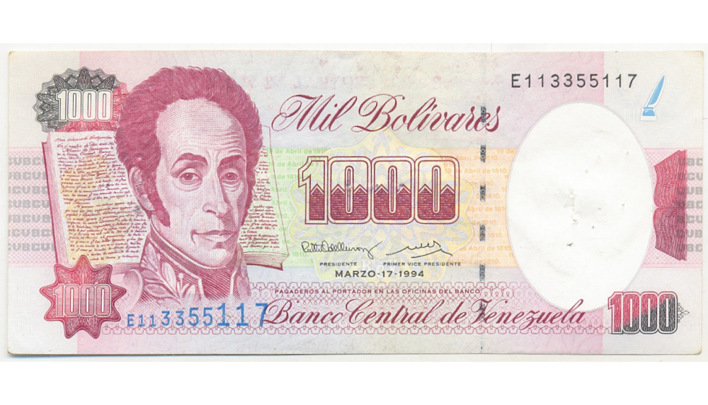 Billete 1000 bolivares 1994 E9 Serial E113355117 - Numisfila
