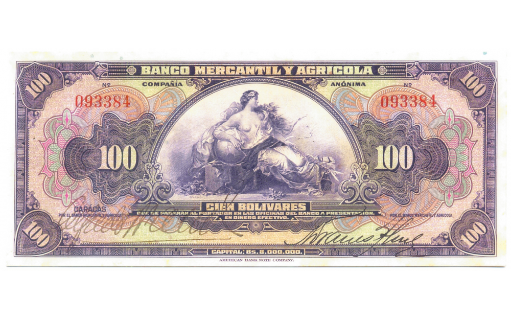 Billete 100 Bolivares Bco Mercantil y Agricola Remainder - Numisfila