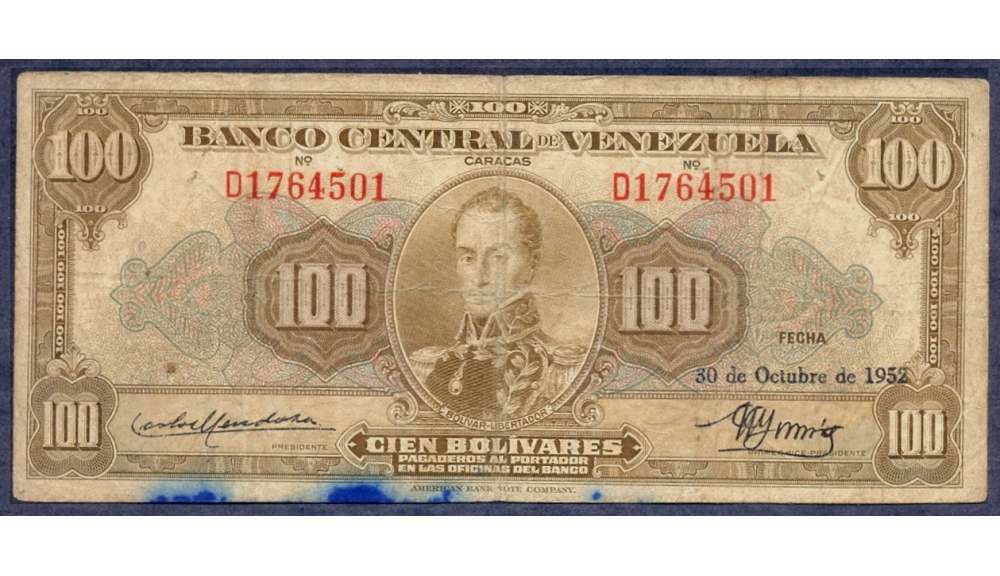 Billete 100 Bolívares Octubre 1952 Serial D1764501 - Numisfila