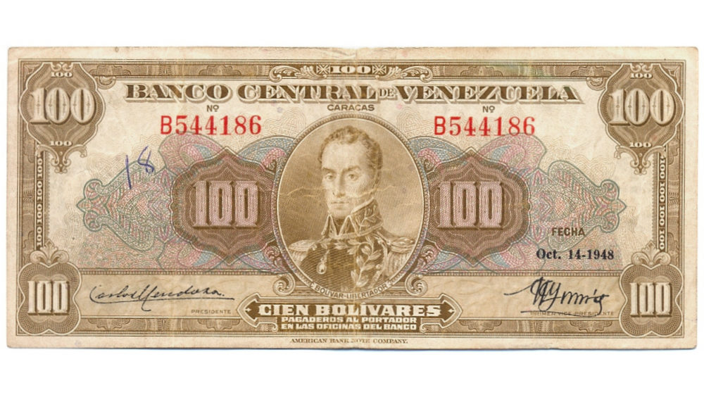 Billete 100 Bolivares Octubre 1948 B6 Serial B544186 - Numisfila