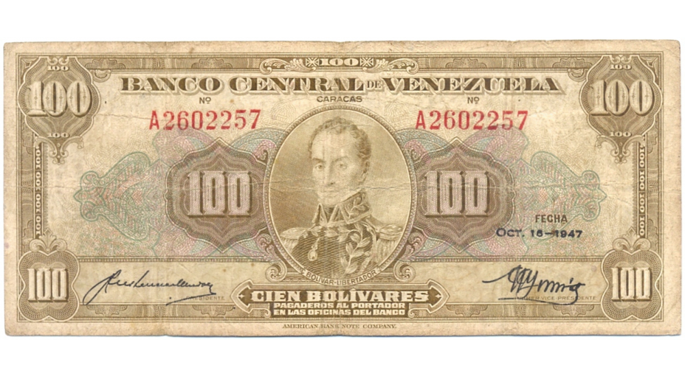 Billete 100 Bolivares Octubre 1947 Serial A2602257 - Numisfila