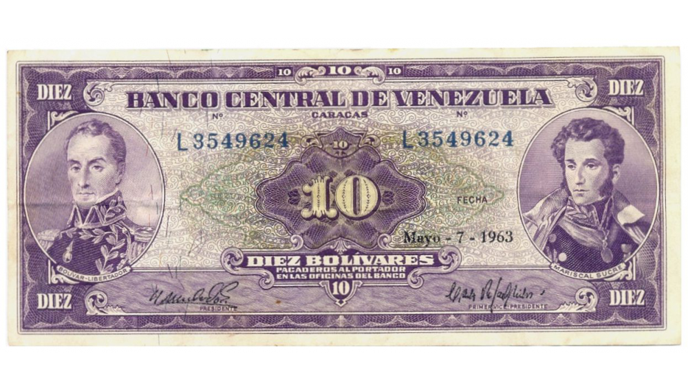 Billete 10 Bolivares 1963 L7 Serial L3549624 - Numisfila