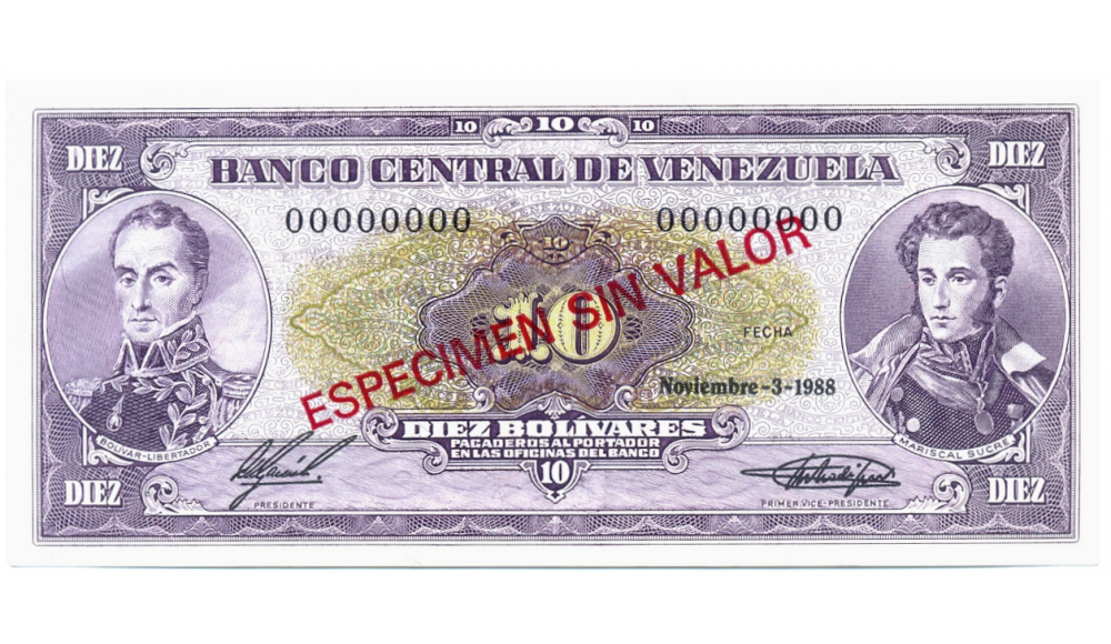 Billete Especimen Sin Valor 10 Bolívares 1988 - Numisfila
