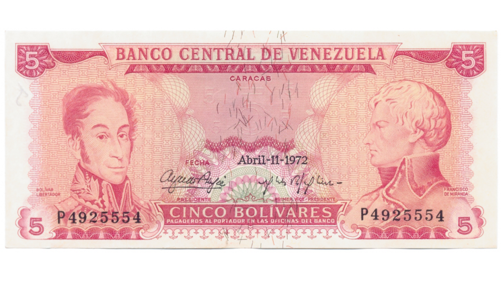 Billete 5 Bolívares 1972 Difícil P7 Serial P4925554 - Numisfila