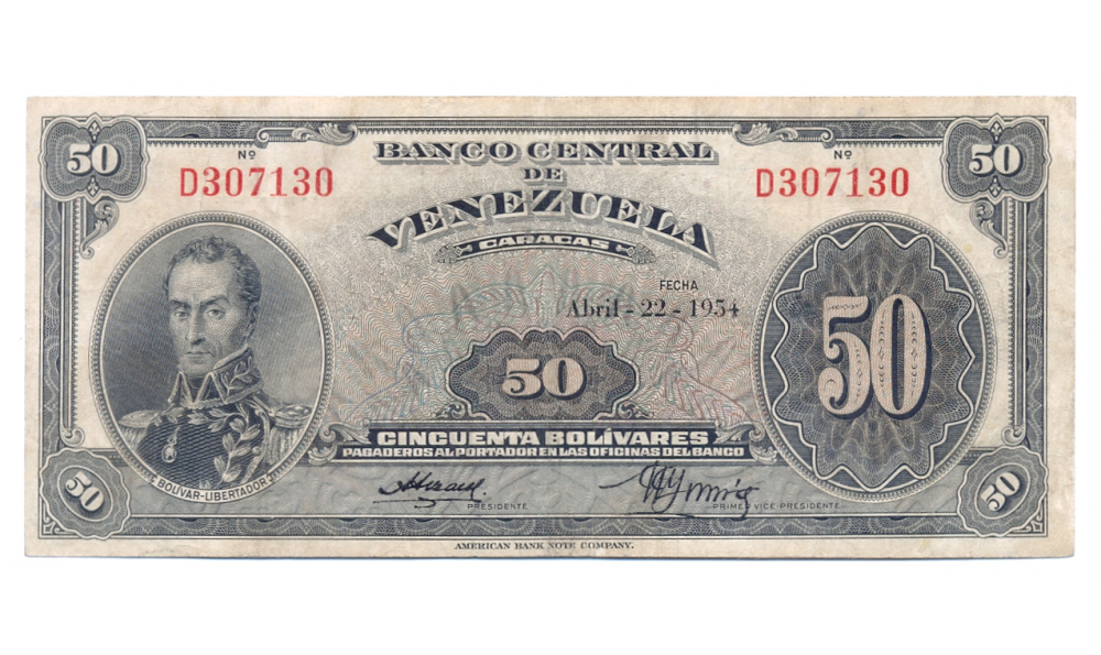 Billete 50 Bolívares 1954 D6 Serial D307130 - Numisfila