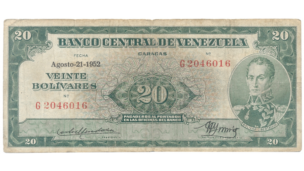 Billete Orejón 20 Bolívares 1952 Serial G2046016 - Numisfila