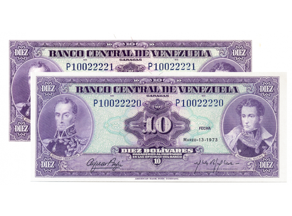 Billetes 10 Bolívares 1973 P8 Seriales P10022220-P10022221  - Numisfila