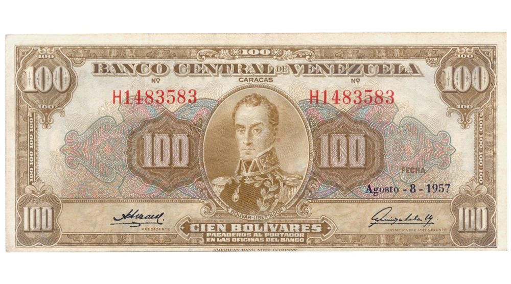 Billete 100 Bolívares Agosto 1957 H7 Serial H1483583  - Numisfila