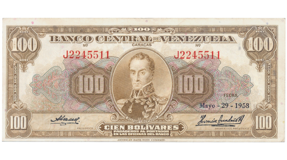 Billete 100 Bolívares 1958 J7 Serial J2245511 - Numisfila