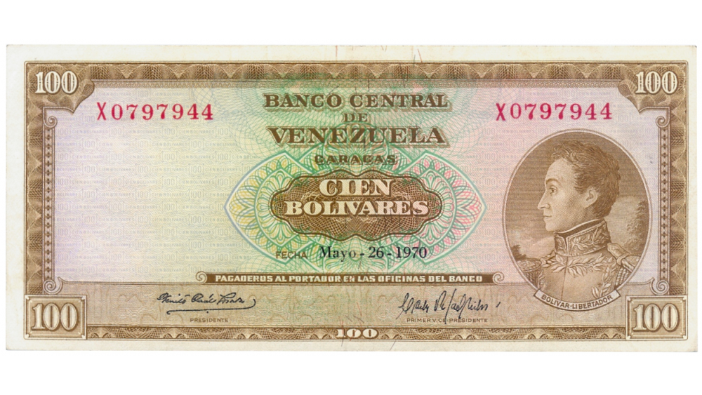 Billete 100 Bolívares 1970 X7 Serial X0797944 - Numisfila