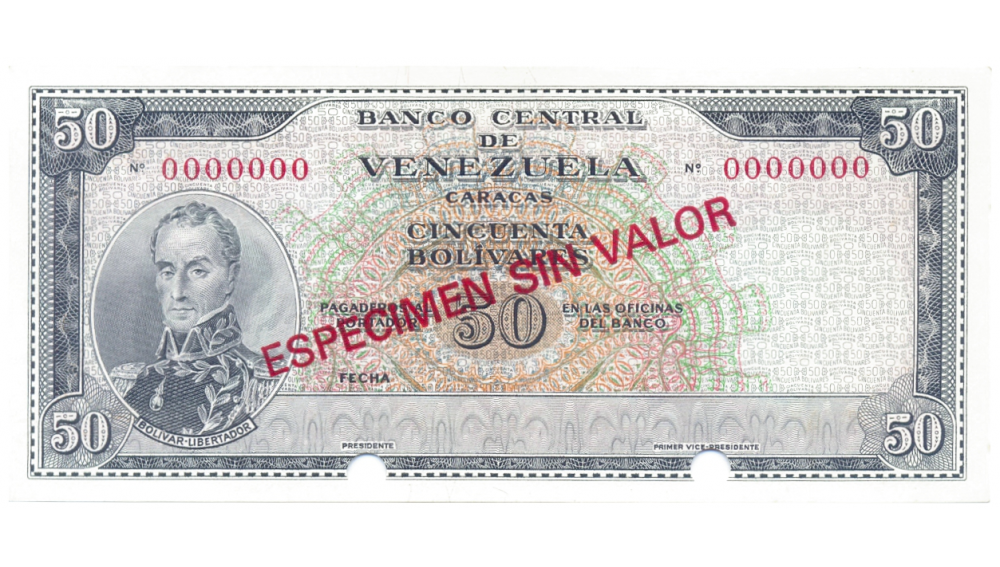 Billete Especimen Sin Valor 50 Bolívares 1964 / 1972   - Numisfila