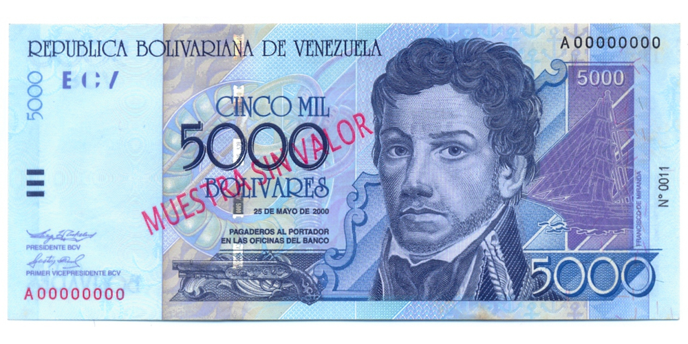 Billete Muestra Sin Valor 5000 Bolivares 2000 #0011  - Numisfila