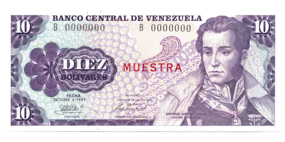 Muestra Billete 10 Bolívares 1981 B0000000   - Numisfila