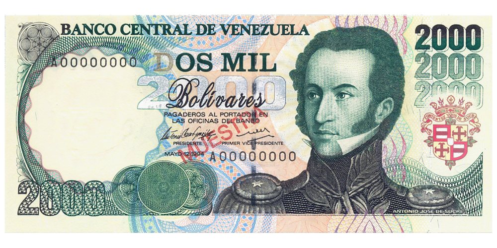 Muestra Billete 2000 Bolívares 1994 Serial A00000000  - Numisfila