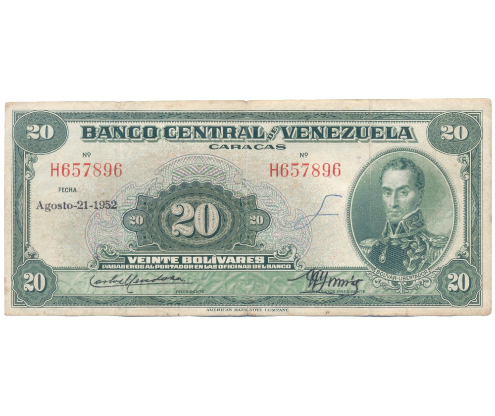 Billete 20 Bolívares Agosto 1952 H6 Serial H657896  - Numisfila