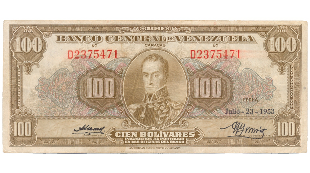 Billete 100 Bolivares 1953 D7 Serial D2375471  - Numisfila