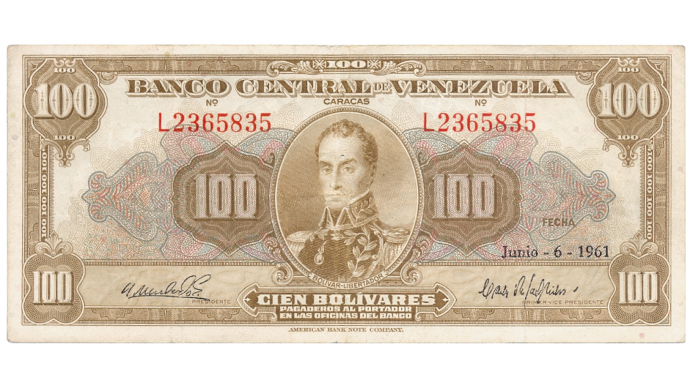 Billete 100 Bolívares 1961 L7 Serial L2365835  - Numisfila