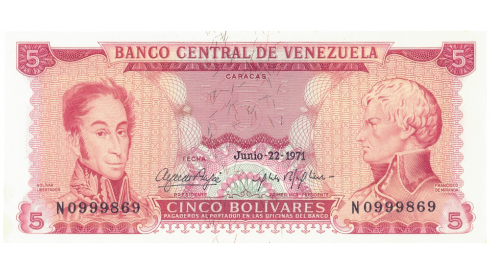 Billete 5 Bolivares 1971 N7 Serial N0999869 - Numisfila