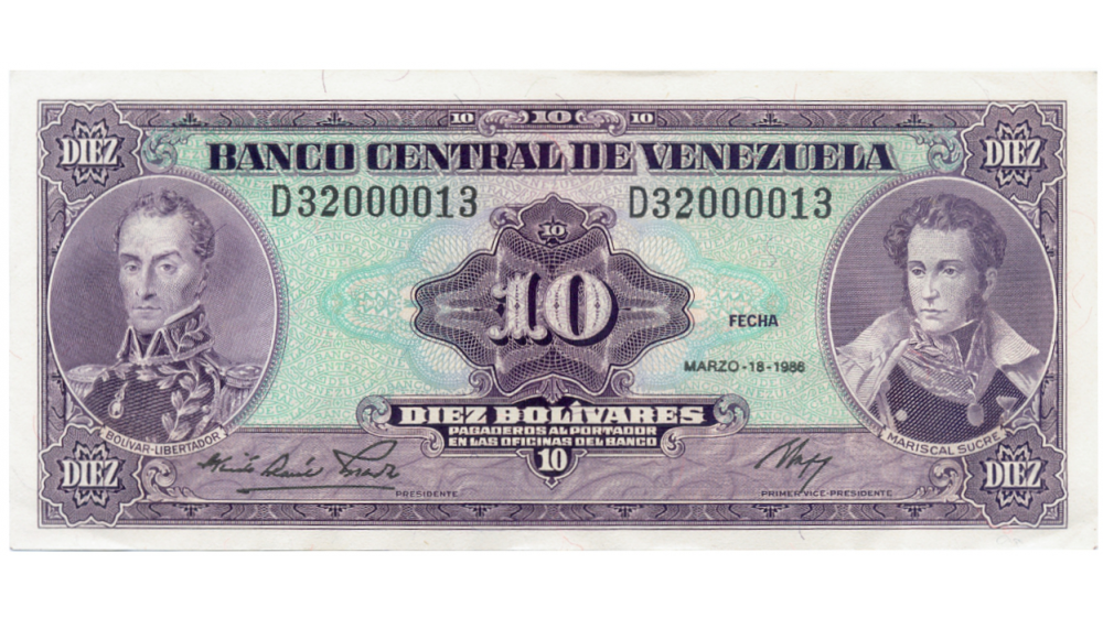 Billete 10 Bolívares 1986 D8 Serial Bajo D32000013 El 13 - Numisfila