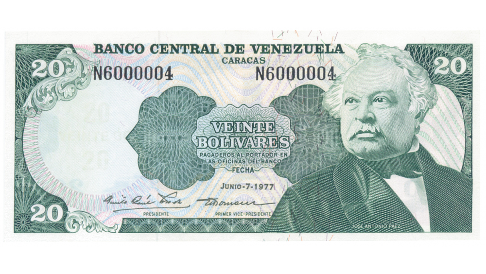 Billete 20 Bolívares 1977 N7 Interesante Serial N6000004 Ternario  - Numisfila