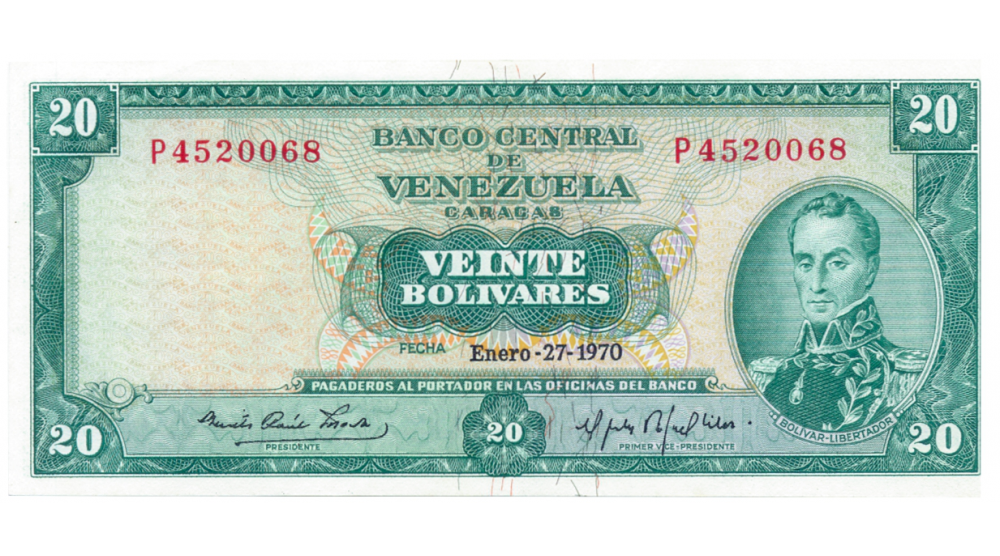 Bello Billete 20 Bolívares 1970 P7 Serial P4520068 - Numisfila