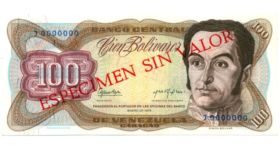 Billete Espécimen Sin Valor 100 Bolívares Enero 1976 - Numisfila