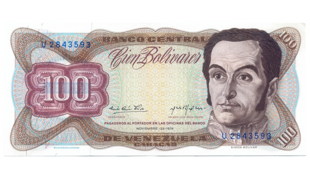 Billete 100 Bolívares Noviembre 1976 U7 Serial U2843593  - Numisfila