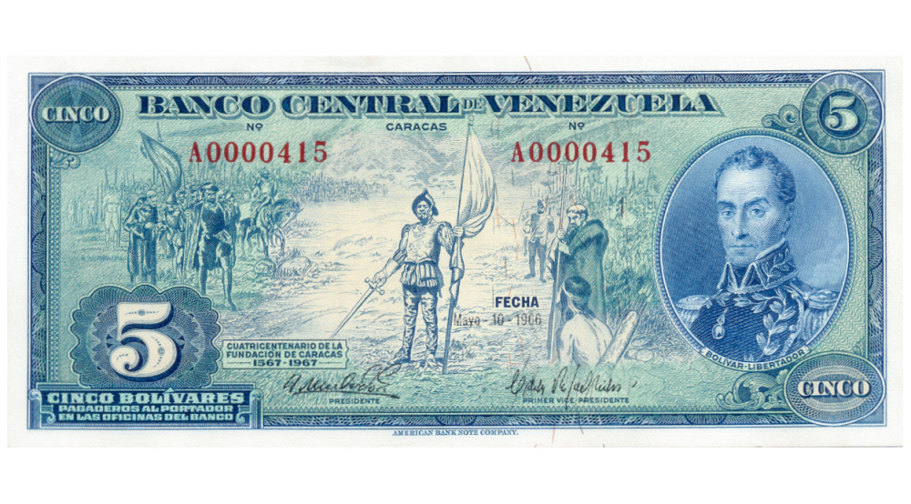 Billete 5 Bolívares 1966 Serial Bajo A0000415 Dieguito  - Numisfila