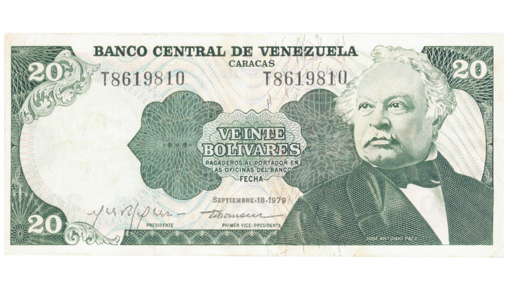 Billete 20 Bolívares 1979 Difícil T7 Serial T8619810 - Numisfila