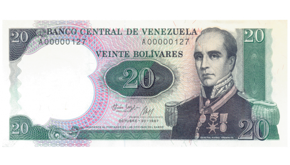 Billete 20 Bolívares 1987 Serial Bajo A00000127 Urdaneta - Numisfila