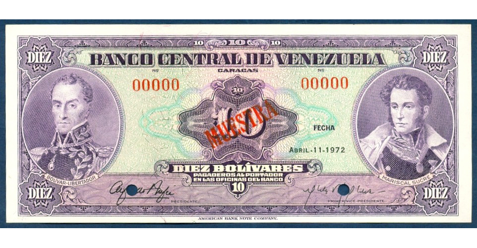 Billete Muestra 10 Bolívares Abril 1972  - Numisfila