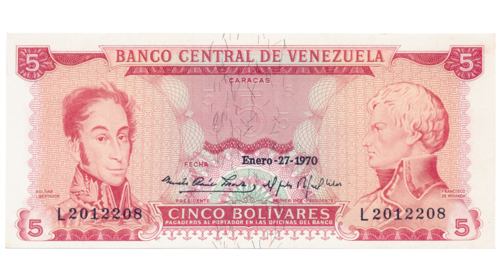 Billete 5 Bolívares 1970 L7 Serial L2012208 - Numisfila