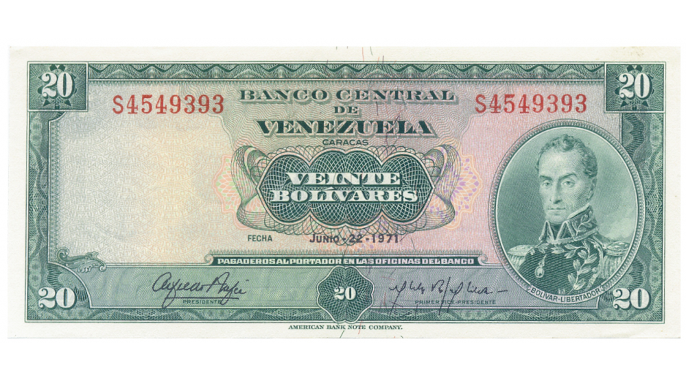 Billete 20 Bolívares 1971 S7 Serial S4549393  - Numisfila