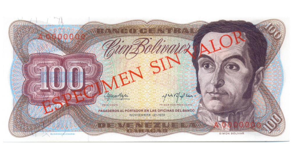Billete Espécimen Sin Valor 100 Bolívares Noviembre 1972 - Numisfila