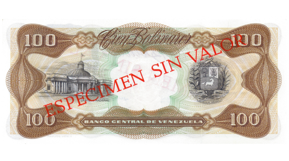 Billete Espécimen Sin Valor 100 Bolívares Noviembre 1972  - Numisfila