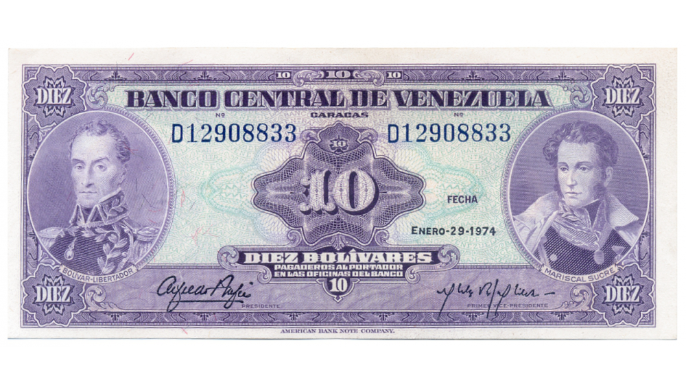 Billete 10 BolÍvares 1974 D8 Serial D12908833  - Numisfila