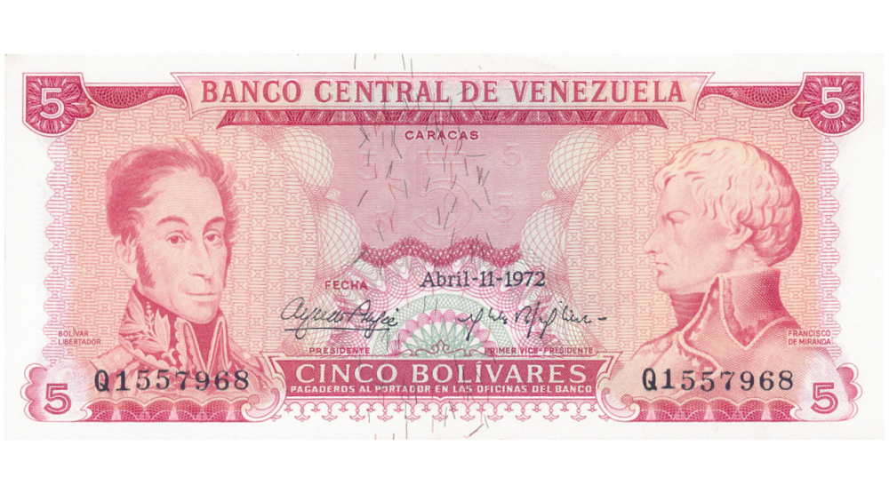 Billete 5 Bolívares 1972 Q7 Serial Q1557968  - Numisfila